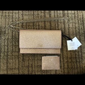 Glittery rose gold clutch on chain